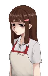 Rule 34 | 1girl, absurdres, aged up, apron, bags under eyes, brown hair, cashier, closed mouth, collared shirt, commentary, doujima nanako, empty eyes, english commentary, grey apron, hair ornament, hairclip, highres, long hair, looking at viewer, n7grey, name tag, persona, persona 4, shirt, sidelocks, simple background, solo, upper body, white background, white shirt