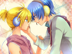 Rule 34 | 2boys, arm grab, blonde hair, blue eyes, blue hair, eye contact, green eyes, hand on another&#039;s face, happy synthesizer (vocaloid), headphones, hood, hoodie, imminent kiss, kagamine len, kaito (vocaloid), kiriya sa, looking at another, male focus, multiple boys, open mouth, ponytail, scarf, sleeveless, sleeveless hoodie, smile, sweater, vocaloid, yaoi