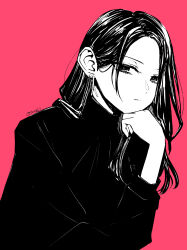 Rule 34 | 1girl, closed mouth, commentary request, earrings, greyscale with colored background, hair behind ear, head rest, highres, jewelry, long hair, long sleeves, looking at viewer, original, pink background, sakashima 0822, signature, simple background, solo, stud earrings, upper body