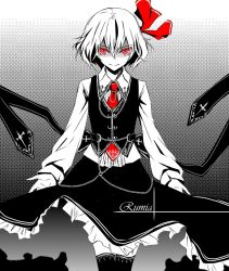 Rule 34 | 1girl, character name, cowboy shot, embellished costume, female focus, frilled skirt, frills, gradient background, hair ribbon, monochrome, red eyes, ribbon, rumia, shirt, short hair, skirt, smile, solo, spot color, suprii, touhou, vest, white background