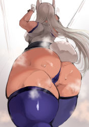 Rule 34 | 1girl, 2021, arms up, ass, ass cheeks, ass focus, back, backboob, boku no hero academia, breasts, cameltoe, dark-skinned female, dark skin, female focus, fluffy tail, from behind, from below, hero outfit(mha), higher resolution available, highres, huge ass, large breasts, long ears, long hair, mirko, rabbit ears, rabbit tail, simple background, steam, steaming body, sweat, thick thighs, thighhighs, thighs, tsubuika (syugyouaka), wasabi sushi, white background, white hair