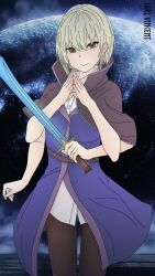 Rule 34 | 1girl, blonde hair, boots, breasts, cape, closed mouth, crescent moon, demi god, dress, full moon, hair between eyes, highres, holding, holding knife, holding sword, holding weapon, knife, looking at viewer, medium breasts, moon, night, night sky, non-web source, original, outdoors, own hands together, pantyhose, sheath, sheathed, shooting star, short dress, short hair, sidelocks, sky, sleeveless, smile, solo, space, standing, star (sky), starry sky, starry sky print, sword, thighhighs, weapon, yellow eyes