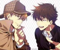 Rule 34 | 2boys, annoyed, argyle, argyle background, argyle clothes, blouse, blue eyes, brown coat, brown hair, brown headwear, coat, collared shirt, commentary request, deerstalker, eye contact, gakuran, grey background, hakuba saguru, hand on own chin, hat, kuroba kaito, light brown hair, looking at another, magic kaito, male focus, mashima shima, meitantei conan, multiple boys, open mouth, pointing, pointing at another, red eyes, school uniform, shirt, smile, stroking own chin, sweatdrop, teeth, twitter username, upper body, v-shaped eyebrows, white shirt