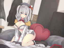 Rule 34 | 10s, 1girl, all fours, bed, bed sheet, beret, black hat, black shirt, blue eyes, blush, bow, box, bra, breasts, breasts squeezed together, cleavage, collared shirt, door, dutch angle, epaulettes, eyebrows, frilled sleeves, frills, gloves, grey bra, hanging breasts, hat, hat bow, heart, heart-shaped pillow, highres, indoors, kantai collection, kashima (kancolle), kerchief, kneehighs, linez, lingerie, long sleeves, looking at viewer, military, military uniform, on bed, open clothes, open shirt, parted lips, pillow, pinup (style), pocket, red ribbon, ribbon, seductive smile, shirt, short hair, short twintails, silver hair, smile, socks, solo, thighs, tsurime, twintails, underwear, uniform, valentine, white gloves