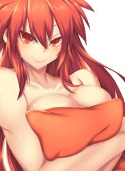 Rule 34 | 1girl, blazing heart (elsword), blush, breasts, cleavage, covering privates, covering breasts, elesis (elsword), elsword, fi-san, highres, large breasts, long hair, looking at viewer, nude, pillow, red eyes, red hair, solo, transparent background, upper body