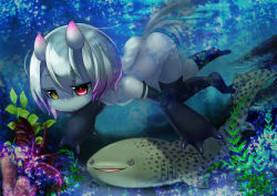 Rule 34 | 1girl, ass, blue skin, breasts, colored skin, female focus, heterochromia, highres, horns, monster girl, multicolored hair, no nipples, nude, original, oversized forearms, oversized limbs, pink eyes, pink hair, plant, ruu bot, short hair, small breasts, swimming, tail, underwater, white hair, yellow eyes