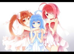 Rule 34 | 3girls, bare shoulders, blue eyes, blue hair, blush, border, gradient background, hug, letterboxed, long hair, looking at viewer, multiple girls, orange eyes, orange hair, original, red eyes, red hair, saru, short hair, smile, twintails