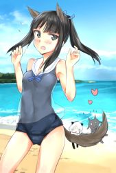 Rule 34 | 3girls, animal ears, aohashi ame, beach, black hair, blue one-piece swimsuit, blue ribbon, blurry, blurry background, closed mouth, cloud, cloudy sky, commentary, cowboy shot, day, dog ears, dog tail, female pervert, hair ribbon, hattori shizuka, heart, highres, long hair, looking at viewer, mini person, minigirl, miyafuji yoshika, multiple girls, one-piece swimsuit, open mouth, outdoors, parted lips, pervert, ponytail, ribbon, sanya v. litvyak, see-through, short hair, sidelocks, silhouette, sky, smile, strike witches, swimsuit, tail, world witches series