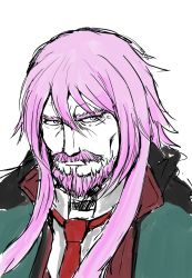 Rule 34 | 1boy, aged up, ansel (arknights), arknights, beard, closed mouth, collared shirt, commentary, facial hair, green jacket, hair between eyes, highres, jacket, korean commentary, long hair, looking at viewer, male focus, mustache, necktie, old, old man, pink hair, portrait, red necktie, shirt, sidelocks, simple background, sketch, solo, upper body, white background, white shirt, xwing47