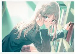 Rule 34 | 1girl, absurdres, black jacket, blurry, blush, book, bookshelf, brown hair, buttoned cuffs, buttons, depth of field, glasses, hand in own hair, highres, hiten (hitenkei), holding, holding book, jacket, library, light rays, long sleeves, looking at viewer, looking to the side, original, parted lips, pink skirt, plaid, plaid skirt, pleated skirt, purple eyes, ribbed sweater, semi-rimless eyewear, skirt, solo, squatting, sunbeam, sunlight, sweater, under-rim eyewear