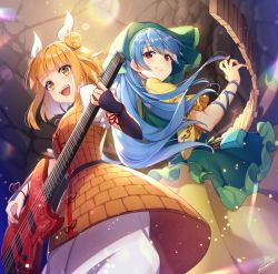 Rule 34 | 2girls, :d, armor, armored dress, bad id, bad pixiv id, baggy pants, blonde hair, blue hair, commentary request, double bun, dress, electric guitar, guitar, hair bun, hair ribbon, haniyasushin keiki, head scarf, highres, holding, holding instrument, instrument, joutouguu mayumi, light particles, long hair, looking at viewer, multiple girls, nonomaro, open mouth, pants, puffy short sleeves, puffy sleeves, red eyes, ribbon, shirt, short hair, short sleeves, signature, smile, touhou, vambraces, white pants, white ribbon, white shirt, yellow dress, yellow eyes