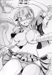 Rule 34 | 1girl, ahoge, blush, breasts, clothes lift, cowboy shot, crop top, female focus, grabbing, grabbing another&#039;s breast, greyscale, groin, highres, jin homuhomu, large breasts, long hair, monochrome, multiple hands, navel, open clothes, open mouth, open shirt, panties, pleated skirt, puffy short sleeves, puffy sleeves, ryoubi (senran kagura), senran kagura, short sleeves, skirt, skirt lift, solo, striped clothes, striped panties, sweat, topless, traditional media, twintails, underwear