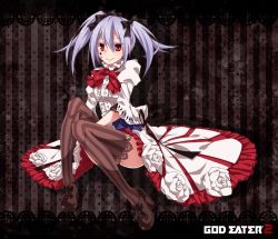 Rule 34 | 10s, 1girl, bad id, bad pixiv id, bow, brown thighhighs, ciel alencon, copyright name, dress, facial mark, god eater, god eater 2: rage burst, hair bow, high heels, juliet sleeves, long sleeves, puffy sleeves, red eyes, silver hair, sitting, smile, solo, striped background, striped clothes, striped thighhighs, thighhighs, toutenkou, twintails, vertical-striped clothes, vertical-striped thighhighs, white dress, zettai ryouiki