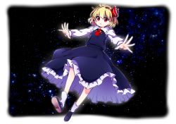 Rule 34 | 1girl, absurdres, ascot, baba (baba seimaijo), blonde hair, hair ribbon, highres, outside border, outstretched arms, red eyes, ribbon, rumia, short hair, simple background, skirt, solo, star (sky), touhou