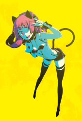 Rule 34 | 1girl, ;d, animal ears, black thighhighs, breasts, cat ears, cat tail, cleavage, highres, jacket, kabayaki unagi, leaning forward, one eye closed, open clothes, open jacket, open mouth, original, pink eyes, pink hair, short shorts, shorts, simple background, small breasts, smile, solo, tail, thighhighs, v over eye, yellow background