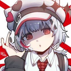 Rule 34 | bandages, crosshair pupils, dtto., hat ornament, heart, heart hat ornament, highres, looking at viewer, pale skin, red eyes, red tie, scarz, shiromanta, utaite, virtual youtuber, white hair