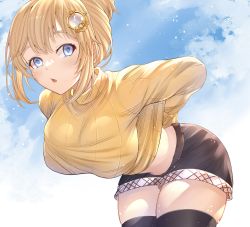 Rule 34 | 1girl, absurdres, arms behind back, black thighhighs, blonde hair, blue eyes, blush, breasts, cloud, cowboy shot, hair ornament, highres, hololive, hololive english, honkivampy, large breasts, leaning forward, long sleeves, looking at viewer, midriff, open mouth, short hair, shorts, sky, solo, standing, sweater, thighhighs, virtual youtuber, watson amelia, yellow sweater, zettai ryouiki