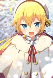 Rule 34 | 1girl, :d, absurdres, ahoge, beret, blonde hair, blue eyes, blurry, blurry background, blush, brown capelet, capelet, commentary request, copyright request, depth of field, fur-trimmed capelet, fur trim, hair between eyes, hair flaps, hat, highres, long hair, low twintails, okota mikan, open mouth, sidelocks, smile, solo, twintails, virtual youtuber, white hat