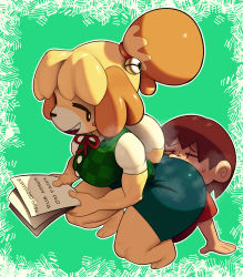Rule 34 | 1boy, 1girl, animal crossing, animal ears, animal hands, ass, barefoot, bell, black eyes, blonde hair, blue skirt, blush stickers, body fur, breasts, brown hair, closed eyes, dog ears, dog girl, dog tail, english text, face in ass, full body, furry, furry female, furry with non-furry, green background, green vest, hair bell, hair ornament, hair tie, half-closed eyes, hands up, hetero, highres, holding, interspecies, isabelle (animal crossing), jingle bell, lilmoonie, looking back, medium breasts, miniskirt, neck ribbon, nintendo, open mouth, outline, paper, pencil skirt, plaid, plaid vest, red ribbon, red shirt, ribbon, shirt, short hair, short sleeves, simple background, skirt, smile, solo focus, squatting, steam, steaming body, sweat, tail, teeth, textless version, thick thighs, thighs, topknot, two-tone fur, vest, villager (animal crossing), white fur, white outline, white shirt, wide hips, yellow fur