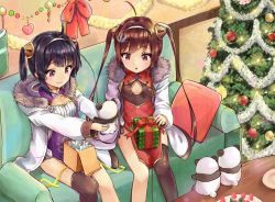 Rule 34 | 2girls, ahoge, anchor hair ornament, azur lane, black legwear, blunt bangs, blush, bow, box, breasts, brown hair, china dress, chinese clothes, christmas, christmas tree, cleavage, cleavage cutout, closed mouth, clothing cutout, coat, couch, dress, feet out of frame, gift, gift box, hair ornament, hair rings, hairband, heart, holding, holding stuffed toy, indoors, long hair, long sleeves, medium breasts, multiple girls, ning hai (azur lane), on couch, open clothes, open coat, ping hai (azur lane), purple dress, purple eyes, racchi., red bow, red dress, red eyes, single thighhigh, sitting, small breasts, smile, stuffed animal, stuffed panda, stuffed toy, table, thighhighs, white coat, white hairband