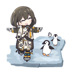 Rule 34 | 1girl, :d, animal, arknights, bird, brown hair, cheschorv, eyebrows hidden by hair, closed eyes, gloves, hair between eyes, highres, ice, ice skates, long sleeves, looking at another, magallan (arknights), medium hair, multicolored hair, open mouth, penguin, simple background, skates, smile, t-pose, two-tone hair, walking, white background, |d
