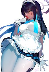 1girl, ahoge, apron, aqua hair, aqua ribbon, bangs, black hair, blue archive, breasts, colored inner hair, covered mouth, dark skin, dark skinned female, dated, food, frills, from below, fruit, gloves, halo, hand up, highres, holding, holding food, karin (blue archive), large breasts, long hair, looking to the side, maid, maid apron, maid headdress, multicolored hair, pantyhose, puffy short sleeves, puffy sleeves, ribbon, shiromonefu, short sleeves, sidelocks, simple background, skirt, solo, standing, strawberry, thigh gap, two-tone hair, white apron, white background, white gloves, white legwear, yellow eyes