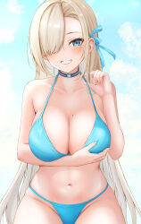 Rule 34 | 1girl, absurdres, arm under breasts, asuna (blue archive), bare shoulders, bikini, blue archive, blue bikini, blue eyes, blue ribbon, blue sky, blush, breasts, ca paria, choker, cleavage, cloud, collarbone, commentary request, day, hair over one eye, hair ribbon, highres, large breasts, light brown hair, long hair, looking at viewer, mole, mole on breast, navel, ribbon, sky, smile, solo, stomach, swimsuit