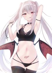 Rule 34 | 1girl, :p, arm behind head, arm up, armpits, black choker, black panties, black thighhighs, blood, blush, body writing, breasts, choker, cleavage, closed mouth, collarbone, commentary request, cross, fingernails, highres, long fingernails, long hair, looking at viewer, low wings, lows., nail polish, navel, o-ring, o-ring choker, original, panties, red eyes, red nails, red wings, sidelocks, silver hair, simple background, skindentation, sleeveless, small breasts, smile, solo, stomach, thigh gap, thighhighs, tongue, tongue out, twintails, underwear, very long hair, white background, wings