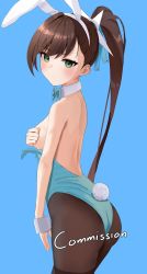 Rule 34 | 1girl, animal ears, ass, back, backless leotard, bare arms, bare shoulders, black survival, blue background, blue leotard, bow, bowtie, breasts, brown hair, brown pantyhose, closed mouth, covering privates, covering one breast, cowboy shot, detached collar, eternal return: black survival, fake animal ears, fake tail, fiora pellerin, frown, green eyes, hair ribbon, hairband, highleg, highleg leotard, highres, leotard, long hair, looking at viewer, medium breasts, minn (kangjm1107), pantyhose, playboy bunny, ponytail, rabbit ears, rabbit tail, ribbon, simple background, solo, standing, strapless, strapless leotard, sweatdrop, tail, v-shaped eyebrows, very long hair, wrist cuffs