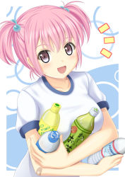 Rule 34 | 1girl, :d, bad id, bad nicoseiga id, bandaid, blush, bottle, breasts, drink, fuyu urara, gym uniform, hair bobbles, hair ornament, ito-en, looking at viewer, medium breasts, open mouth, original, pink eyes, short hair, short twintails, smile, solo, twintails, water bottle