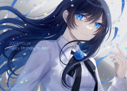 Rule 34 | 1girl, ado (utaite), black hair, black ribbon, blue eyes, blue flower, blue hair, blue rose, chando (ado), closed mouth, cloud nine inc, collared shirt, commentary request, confetti, dated, flower, flower brooch, gradient hair, hair between eyes, hand up, happy birthday, long sleeves, multicolored hair, neck ribbon, no mole, ribbon, rose, shirt, shouzai (ooo1007ooo), solo, two-tone hair, upper body, utaite, white shirt