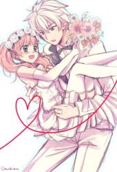 Rule 34 | 10s, 1boy, 1girl, :d, :o, atelier (series), atelier escha &amp; logy, bishounen, blush, bouquet, carrying, cowboy shot, elbow gloves, escha malier, flower, formal, gloves, green eyes, grey eyes, hair flower, hair ornament, heart, hetero, logix ficsario, mochi (tukimo), open mouth, pants, pink hair, princess carry, short hair, short twintails, skirt, smile, suit, thighhighs, twintails, twitter username, white background, white gloves, white hair, white pants, white skirt, white theme, white thighhighs