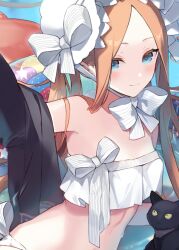 Rule 34 | 1girl, abigail williams (fate), abigail williams (swimsuit foreigner) (fate), abigail williams (swimsuit foreigner) (third ascension) (fate), bare shoulders, bikini, black cat, blonde hair, blue eyes, blush, bonnet, bow, breasts, cat, fate/grand order, fate (series), forehead, fukuda935, innertube, long hair, looking at viewer, parted bangs, small breasts, smile, solo, swim ring, swimsuit, white bikini, white bow, white headwear