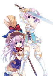 Rule 34 | &gt;:), 2girls, :d, absurdres, armor, armored boots, bare shoulders, boots, breastplate, breasts, broom, closed mouth, cpu (neptunia), d-pad, d-pad hair ornament, dress, elbow gloves, feathers, female focus, fingerless gloves, four goddesses online: cyber dimension neptune, gauntlets, gloves, greaves, hair ornament, hat, highres, holding, holding weapon, knee boots, kneeling, long hair, looking at viewer, multiple girls, nepgear, neptune (neptunia), neptune (series), official art, open mouth, purple eyes, purple hair, short dress, short hair, short sleeves, siblings, sisters, skirt, sleeveless, smile, sword, thighhighs, transparent background, tsunako, v-shaped eyebrows, weapon, witch hat, zettai ryouiki