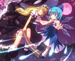 Rule 34 | 2girls, black dress, blonde hair, blue dress, blue eyes, blue hair, bow, broom, broom riding, child, cirno, danmaku, dress, embodiment of scarlet devil, flying sweatdrops, forest, full moon, grin, hair bow, hand on another&#039;s chin, hat, ice, ice wings, kiira, kirisame marisa, lake, mary janes, moon, mountain, multiple girls, nature, outstretched arms, puffy sleeves, red moon, shirt, shoes, short sleeves, smile, star (symbol), touhou, wings, witch hat, yellow eyes