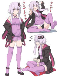 Rule 34 | 1girl, annoyed, black jacket, black panties, controller, dress, full body, hair ornament, holding, holding controller, hood, hood down, hooded jacket, jacket, long hair, long sleeves, looking at viewer, multiple views, no shoes, off shoulder, open mouth, panties, playing games, pointing, pointing at viewer, purple eyes, purple hair, purple thighhighs, shiseki hirame, short hair with long locks, simple background, sitting, smile, standing, thighhighs, translation request, underwear, voiceroid, white background, yuzuki yukari, zettai ryouiki