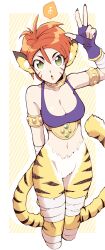 Rule 34 | 1girl, animal ears, breasts, breath of fire, breath of fire ii, bustier, cat ears, cat girl, cat tail, cleavage, facial mark, fingerless gloves, gloves, green eyes, groin, looking at viewer, medium breasts, minashirazu, navel, open mouth, orange hair, pointy ears, rinpoo chuan, short hair, simple background, solo, striped fur, striped tail, tail, tiger stripes, tiger tail, v