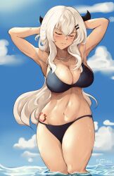 Rule 34 | 1girl, absurdres, armpits, arms behind head, bikini, black bikini, blue sky, blush, breasts, cleavage, closed eyes, cloud, cloudy sky, cowboy shot, dated, frozen vayne, girls&#039; frontline, hairpin, highres, hip tattoo, large breasts, light brown hair, long hair, m590 (girls&#039; frontline), multiple hairpins, navel, outdoors, partially submerged, sky, solo, straight-on, swimsuit, wet
