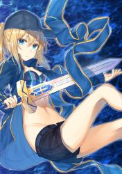 Rule 34 | 1girl, ahoge, artoria pendragon (fate), baseball cap, black hat, black shorts, blonde hair, blue background, blue eyes, blue jacket, breasts, excalibur (fate/stay night), fate/grand order, fate (series), groin, hair between eyes, hakuishi aoi, hat, holding, holding sword, holding weapon, jacket, long hair, looking at viewer, mysterious heroine x (fate), mysterious heroine xx (fate), navel, open clothes, open jacket, ponytail, short shorts, shorts, sidelocks, small breasts, solo, stomach, sword, weapon
