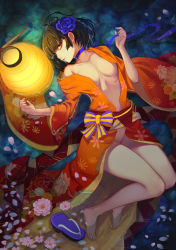 Rule 34 | 10s, 1girl, barefoot, breasts, brown hair, catwyz, choker, feet, flower, geta, hair flower, hair ornament, highres, koutetsujou no kabaneri, lantern, lantern on liquid, looking at viewer, lying, mumei (kabaneri), on back, open clothes, paper lantern, parted lips, partially submerged, petals, ribbon, short hair, solo, water