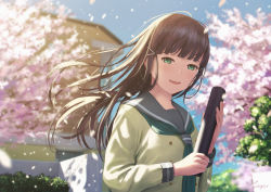 Rule 34 | 1girl, :d, bad id, bad pixiv id, black hair, black sailor collar, blunt bangs, blurry, blurry background, blush, building, cherry blossoms, day, depth of field, floating hair, graduated cylinder, green eyes, green neckerchief, grey sweater, hair ornament, hairclip, kurosawa dia, long hair, long sleeves, looking at viewer, love live!, love live! sunshine!!, neckerchief, open mouth, outdoors, papi (papiron100), sailor collar, school uniform, smile, solo, spring (season), sweater, tree, upper body, uranohoshi school uniform, wind