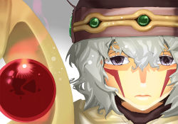 Rule 34 | .hack//, .hack//sign, 00s, androgynous, bad id, bad pixiv id, bandai, cyber connect 2, expressionless, facial mark, gender request, grey hair, hat, male focus, portrait, purple eyes, senkazya, short hair, simple background, solo, tsukasa (.hack//), wand