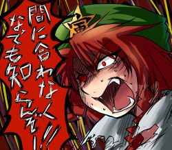 Rule 34 | 1girl, angry, female focus, hat, hong meiling, immaterial and missing power, red hair, solo, tora (pixiv), tora (trampjing), touhou, translation request