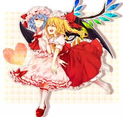 Rule 34 | 2girls, arm hug, ascot, bad id, bad pixiv id, bat wings, blonde hair, blue hair, bow, dress, closed eyes, female focus, flandre scarlet, hat, hat bow, heart, homura (aristocrat-y), light smile, long hair, mary janes, multiple girls, no shoes, open mouth, red eyes, remilia scarlet, shoes, short sleeves, siblings, side ponytail, sisters, smile, socks, touhou, white legwear, wince, wings, wrist cuffs, yuri
