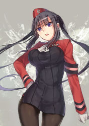 Rule 34 | 1girl, ascot, beret, black hair, black pantyhose, breasts, dress, garrison cap, gloves, grey background, hand on own hip, hat, long hair, open mouth, pantyhose, ponytail, purple eyes, short dress, sidelocks, solo, summon night, summon night 5, taut clothes, taut dress, tenkuu sphere, twintails, uniform, yeng-hua