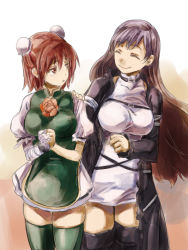 Rule 34 | 2girls, ^ ^, bandages, black legwear, boots, breasts, brown hair, bun cover, china dress, chinese clothes, closed eyes, double bun, dress, closed eyes, gradient hair, green dress, green legwear, hair bun, hand on another&#039;s shoulder, hijiri byakuren, ibaraki kasen, large breasts, multicolored hair, multiple girls, open mouth, own hands together, pink eyes, pink hair, skindentation, smile, standing, tears, thigh boots, thighhighs, touhou, white dress, yohane