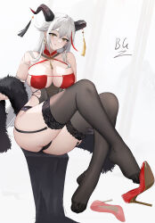 Rule 34 | 1girl, :q, absurdres, aegir (azur lane), aegir (golden dragon among auspicious clouds) (azur lane), azur lane, bad id, bad pixiv id, baige0, bare shoulders, black garter straps, black gloves, black panties, black thighhighs, blush, breasts, chinese commentary, cleavage, commentary request, earrings, feather boa, garter straps, gloves, grey hair, high heels, highres, horn ornament, horns, jewelry, large breasts, long hair, looking at viewer, multicolored hair, official alternate costume, panties, patent heels, pumps, red footwear, red hair, shoes, signature, single glove, sitting, smile, solo, stiletto heels, streaked hair, thick thighs, thighhighs, thighs, tongue, tongue out, underwear, yellow eyes