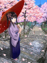 Rule 34 | 1girl, agetake, black hair, blue eyes, cherry blossoms, flower, hair flower, hair ornament, highres, japanese clothes, kimono, looking at viewer, oil-paper umbrella, original, pagoda, parted lips, petals, ponytail, sandals, smile, solo, stairs, stone lantern, stone stairs, tabi, tree, umbrella, white legwear