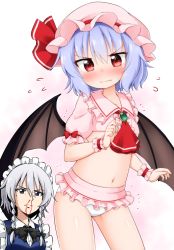 Rule 34 | 2girls, ascot, bat wings, black bow, black wings, blood, blue eyes, blue hair, blush, bow, braid, brooch, closed mouth, commentary request, fang, fang out, flying sweatdrops, frown, hair bow, hat, hat ribbon, highres, izayoi sakuya, jewelry, maid headdress, microskirt, midriff, mob cap, multiple girls, navel, nosebleed, panties, pink background, pink hat, pink skirt, red ascot, red eyes, red ribbon, remilia scarlet, ribbon, silver hair, skirt, standing, suwa yasai, touhou, twin braids, underwear, white panties, wings