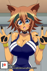 Rule 34 | 1girl, absurdres, animal ears, animal hands, armband, artist name, bare shoulders, blue eyes, blue one-piece swimsuit, blush, breasts, brown hair, claws, collar, collarbone, dog ears, dog girl, fang, female focus, furry, furry female, hair between eyes, hairband, hands up, highres, indoors, large breasts, looking at viewer, lucyfer, monster girl, monster musume no iru nichijou, one-piece swimsuit, open mouth, patreon logo, patreon username, polt, short hair, solo, swimsuit, watermark, web address, wristband